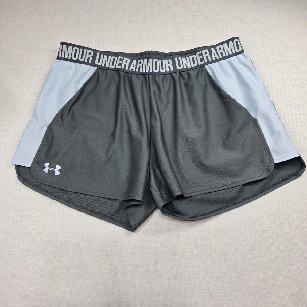 Under Armour Gray Light Blue Heat Gear Athletic Shorts Size Large Gym‎ Pockets